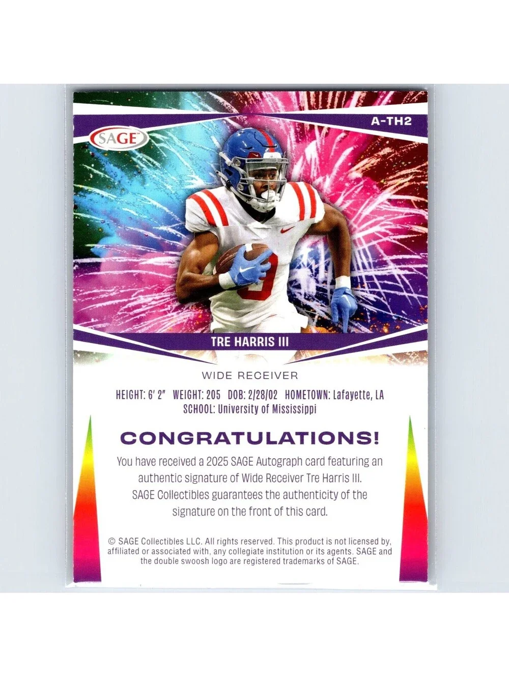 2025 Sage - Tre Harris III A-TH3 Gold #/100 - Ole Miss Rebels